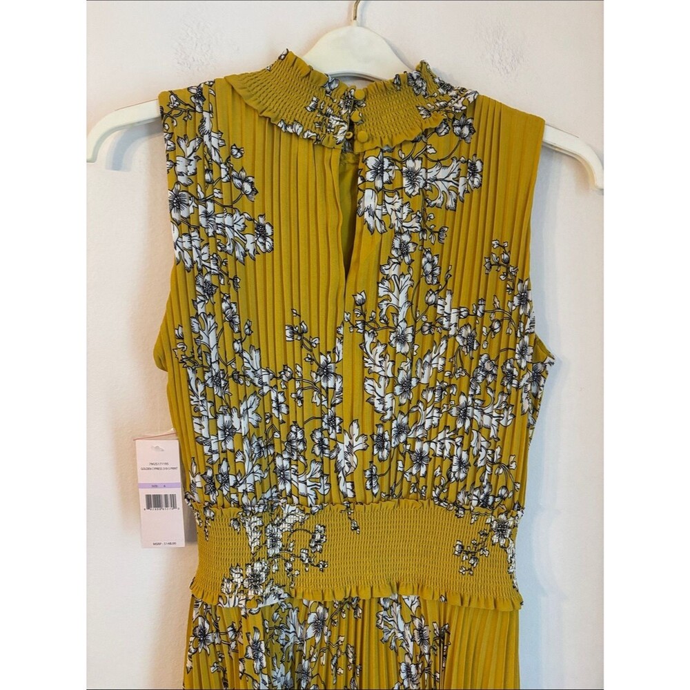 Nanette Lepore smocked high neck Sleeveless Mustard Floral Pleated Midi Dress 6 - Picture 11 of 12
